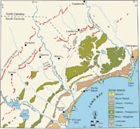 Figure 1.6. Map showing ancient barrier islands and other shoreline features on the coastal plain of the Long Bay region.