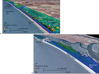 Figure 2.10 - Aerial photographs overlain with LIDAR topography show dense coastal development at Myrtle Beach, and  undeveloped beach and dunes at Waites Island.