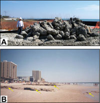 Figure 4.4.  Photos of boulders and rocks exposed during construction and by beach erosion at Myrtle Beach.