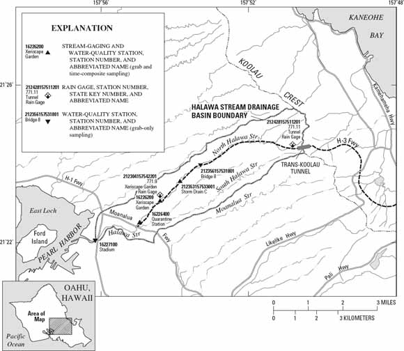 Map of study area along the highway connecting Pearl Harbor and Kaneohe Bay