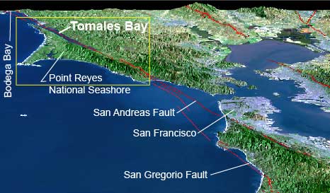 perspective view of Tomales Bay and nearby San Francisco Bay area