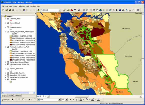 screenshot showing ArcGIS computer-screen window with map of the San Francisco Bay Area