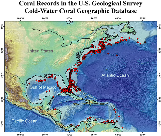 Figure 2, diagram showing geographic distribution map of the database, showing locations that are mainly off the eastern and southern United States, and link to larger image.