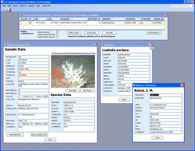 Figure 7B screen shot of database showing search window, sample and species window, taxonomy window, and reporter information widow, with link to larger image.