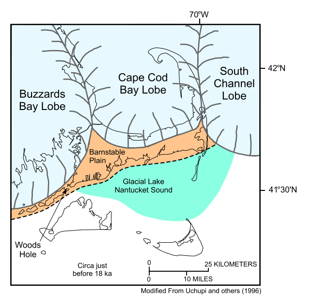 Figure 4, paleogeographic map just before 18 thousand years ago showing the extents of the Laurentide ice sheet and Glacial Lake Nantucket Sound. 