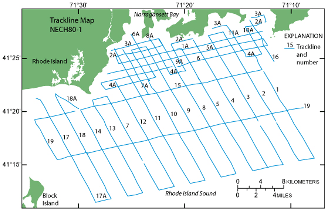 Tracklines of seismic-reflection survey in western Rhode Island Sound.
