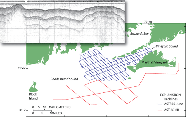 Track lines of two seismic-reflection surveys in Rhode Island Sound and image of seismic line.