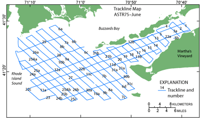 Figure 4. Map of tracklines from cruise ASTR75-June in eastern Rhode Island Sound.