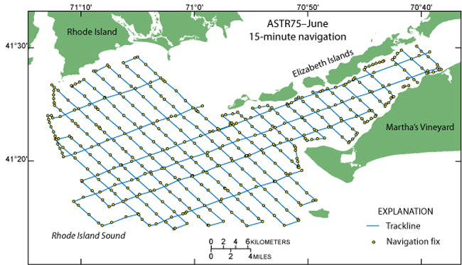Figure 2. Map of 15-minute and start- and end-of-line navigation fixes from cruise ASTR75-June in eastern Rhode Island Sound.