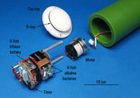 Figure 6. Photograph showing the internal electronic components of the Intervalometer and the positions of the timer and motor confined in the pressure case.
