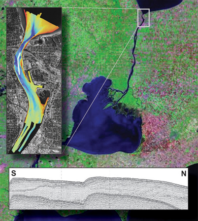 collage of images including basemap, bathymetric map, and boomer sub-bottom profile