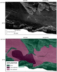 Figure 10, sidescan-sonar image (top panel) and interpretation (bottom panel) in Las Vegas Bay, and link to larger image.
