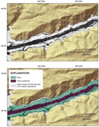 Figure 4, sidescan-sonar image (top panel) and interpretation (bottom panel) from Virgin Canyon, and link to larger image.
