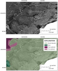 Figure 6, sidescan sonar image (top panel) and interpretation (bottom panel) showing alluvial deposits from the eastern side of Overton Arm, and link to larger image.