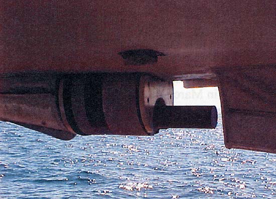 Figure 6. Photograph of the multibeam sonar instrument mounted to the research vessel. 