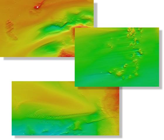An illustration showing 3 shaded relief bathymetric images from the study area.