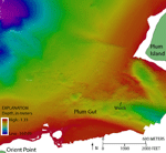 Thumbnail image of figure 14 and link to larger figure. An Illustration showing detailed multibeam bathymetry near Plum Gut, the channel between Orient Point and Plum Island. The sea floor in the channel is hummocky, while the surrounding sea floor is relatively smooth. A tractor-trailer wreck is located in Plum Gut. Location of image shown in figure 13.
