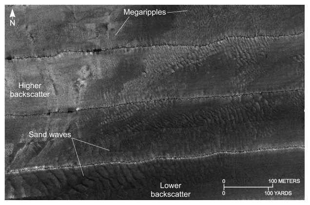 Figure 26. An illustration showing details of relatively straight to sinuous alternating bands of high and low backscatter from the sidescan-sonar mosaic.