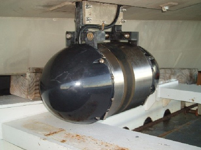 Figure 7. Photograph of the bathymetric sensor 8101 mounted to the hull of Launch 3102.