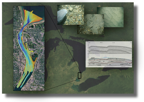 Image displaying color-shaded relief bathymetric image, bottom photographs and Boomer seismic line overlying a satalite image of the great lakes 