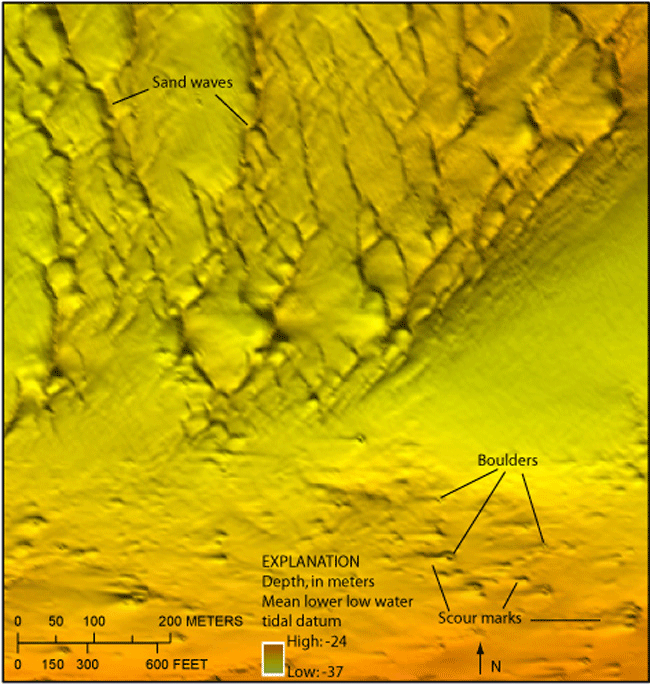 Figure 15. An image showing sand waves and boulders in the central part of the study area.