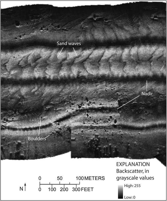 Figure 19. Sidescan sonar image of sand waves and boulders in the study area.
