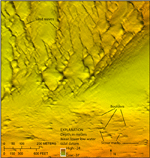 Thumbnail image of figure 15 and link to larger figure. Bathymetry image of sand waves and boulders in the study area.