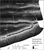 Thumbnail image of figure 18 and link to larger figure. Sidescan-sonar image of boulders and scour in the study area.