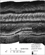 Thumbnail image of figure 19 and link to larger figure. Sidescan-sonar image of sand waves and boulders in the study area.