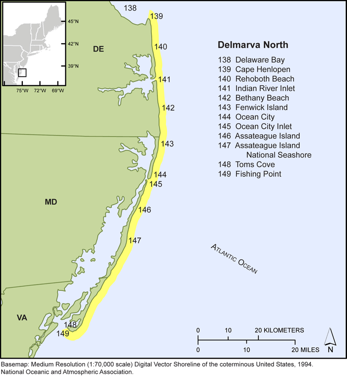 Thumbail image for Figure 9, map of the Delaware, Maryland, and northern Virgina shorelines, and link to full-sized figure.