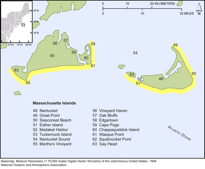 Thumbail image for Figure 4, map of the  Massachusetts Islands shorelines, and link to full-sized figure.