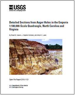 Thumbnail of front cover and link to report - Sediments from the upper part of the Yorktown Formation (Pliocene) at the Old Hickory Heavy Mineral Deposit, located west of Stony Creek, Va. This exposure no longer exists because it has been reclaimed. Natural outcrops of coastal plain sediments are uncommon in the Emporia quadrangle; hence the need for borehole data, as published in this report.(4.65 MB)