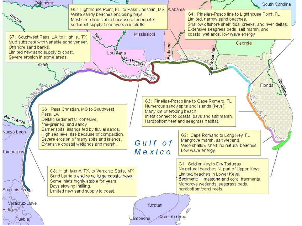 Figure 3 is a map of the eight geomorphic regions classified by A. Morang (written communication, January 11, 2010) for the Gulf of Mexico. Image courtesy of Andrew Morang, Engineer Research and Development Center, U.S. Army Corps of Engineers. These regions include sandy barriers enclosing bays, Chenier Plains, and deltaic settings.