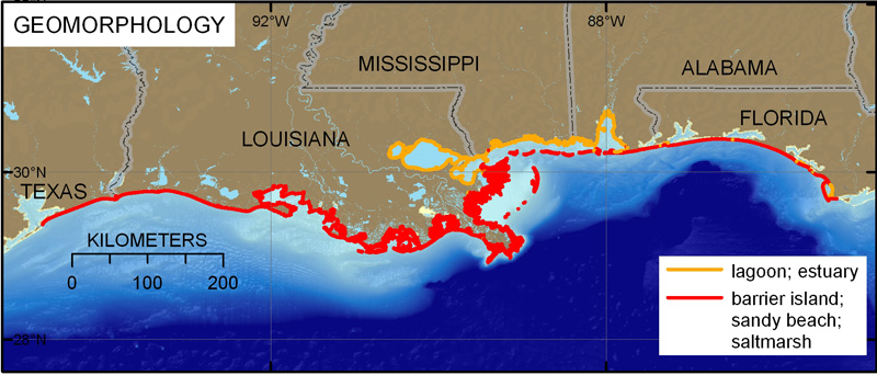 Figure 4 is a map of coastal geomorphology for the Northern Gulf of Mexico. The colored shoreline represents the variations in coastal geomorphology along the coast. The very high vulnerability geomorphology (red), primarily along the open-coast, includes barrier islands, saltmarshes, tidal flats, and sand beaches, whereas high- vulnerability areas (orange), located mostly within protected areas, include estuaries and lagoons.