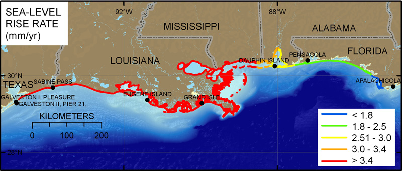 Figure 7 is a map of relative sea-level change rate along the Northern Gulf of Mexico. Eight of the 16 tide gage locations along the U.S. Gulf of Mexico coast fall within the study area and are indicated by black dots. Texas, Louisiana, and most of the Mississippi coast are ranked as very high vulnerability