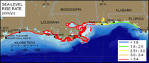 Thumbnail image of figure 7, map of relative sea-level change rates, and link to larger figure.