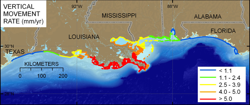Figure 8B is a map of vertical movement rate along the Northern Gulf of Mexico divided into quintiles for CVI variable ranking (table 2). Central Louisiana is ranked as very high vulnerability, whereas most of coastal Texas and Florida are ranked as low vulnerability. 