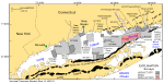 Thumbnail image of figure 1 and link to larger figure. A map of the location of bathymetric and backscatter surveys completed in Long Island Sound.