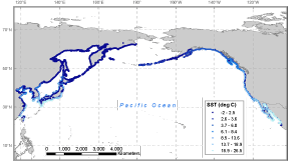 Thumbail image for Figure 2, map of sea surface temperature along the coastlines in the northern Pacific ocean, and link to full-sized figure.