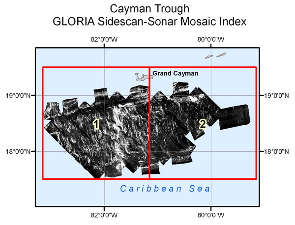 Cayman Trough area GLORIA mosaic index map.