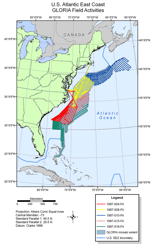 Map showing field activities for GLORIA sidescan-sonar data collection in the U.S. EEZ Atlantic East Coast area.