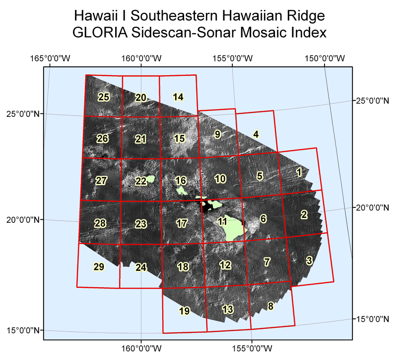 U.S. EEZ Hawaii I Southeastern Hawaiian Ridge area GLORIA sidescan-sonar mosaic index map.