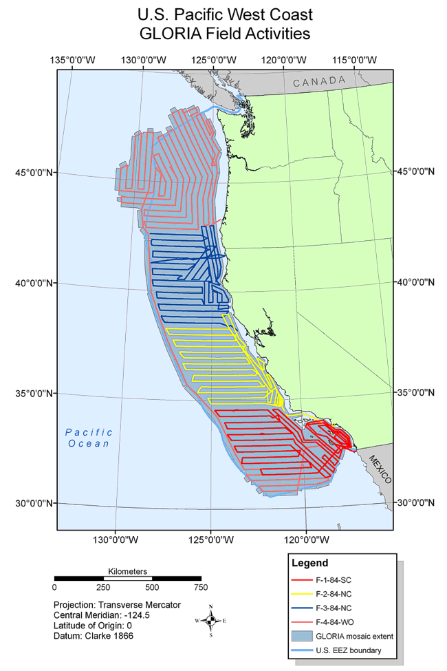 Map showing field activities for GLORIA sidescan-sonar data collection for the U.S. EEZ Pacific Coast area.