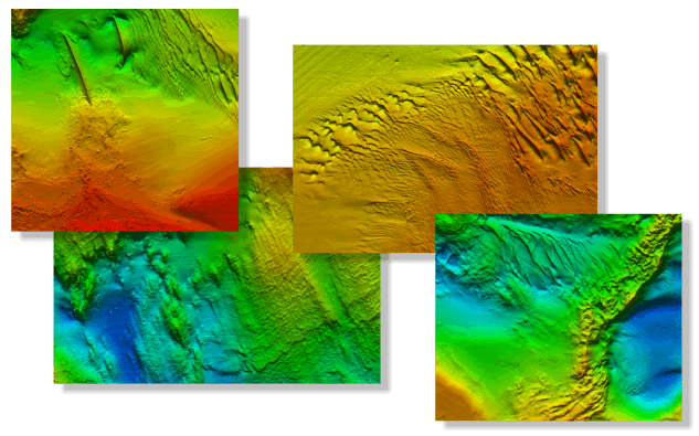 An illustration containing bathymetry displays of the study area.