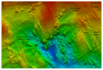 Thumbnail image of figure 13 and link to larger figure. A detailed bathymetric image of exposed bedrock.