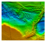 Thumbnail image of figure 16 and link to larger figure. A detailed bathymetric map showing a recessional moraine.