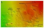 Thumbnail image of figure 22 and link to larger figure. An image of bathymetric data showing scour in the study area.