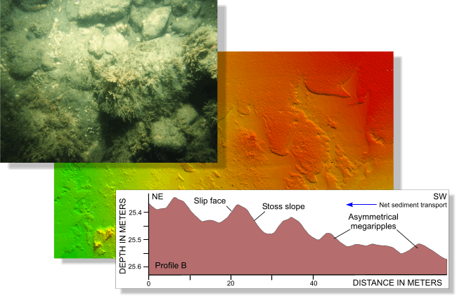 An illustration containing a multibeam bathymetry display, a bottom photograph, and a sand-wave profile from eastern Rhode Island Sound.