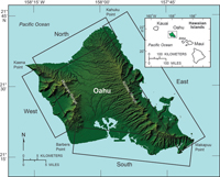 Thumbnail image and link to larger image of a map of Oahu showing shoreline study regions: north, east, south, west.
