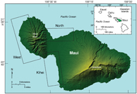 Thumbnail image and link to larger image of a map of Maui showing shoreline study regions: north, Kihei, west.